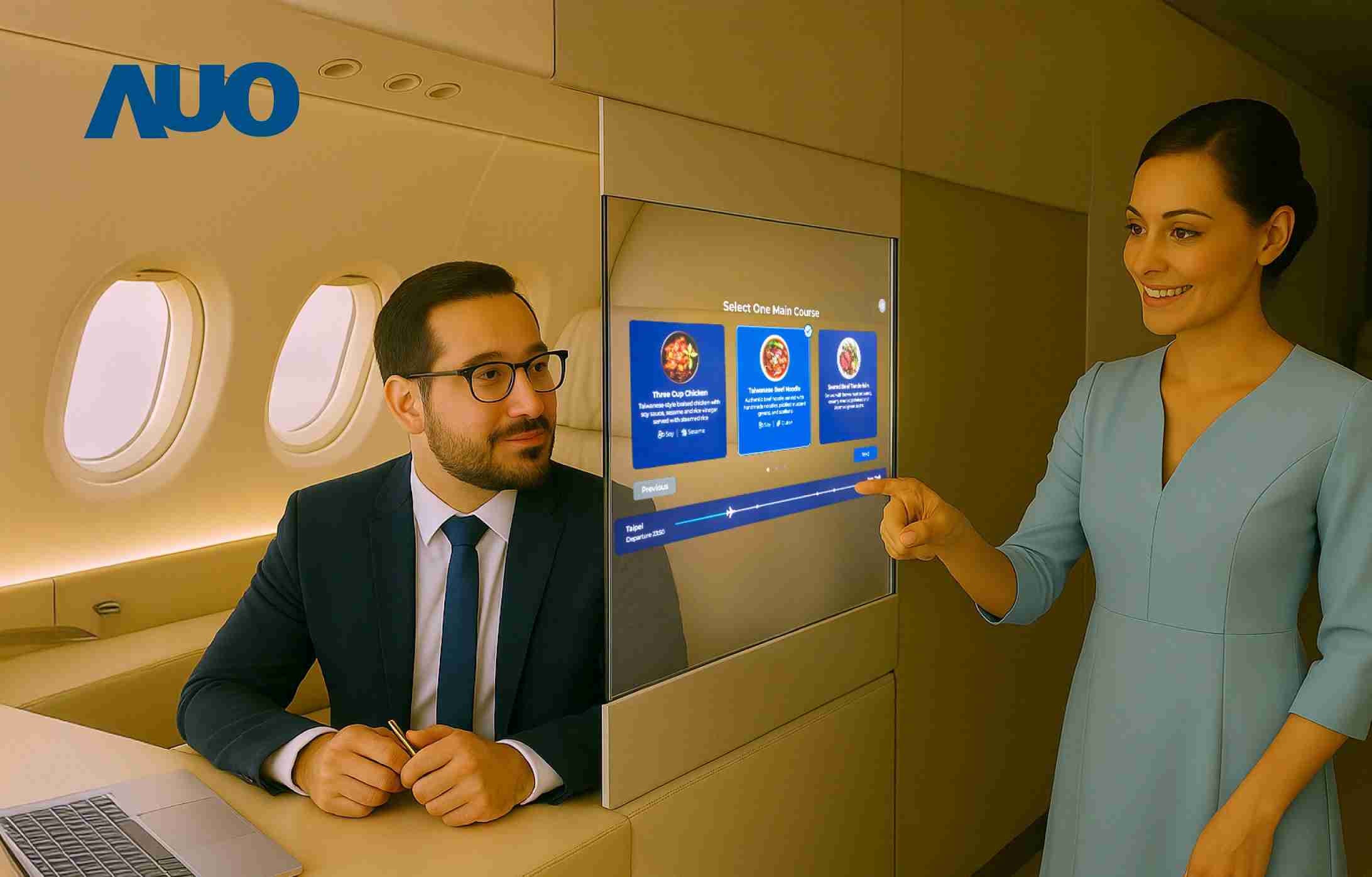 MG电玩研发全球最薄17.3 吋双面透明 Micro LED 显示器，，，可在同一屏幕之双边投射不同信息，，，创造独特的”透明化”互动；图为实时翻译交流应用情境